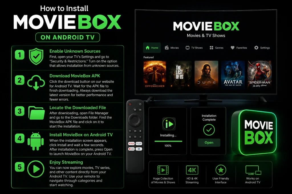 Enable Unknown Sources: First, you have to open your TV’s settings and select “Security & Restrictions.” You will then turn on the setting allowing installation from unknown sources for installing the app. Download MovieBox APK: Now, you can click the download button available on our site for Android TV. Wait for the APK file to finish downloading completely. Make sure you always download the latest version for better performance and fewer errors.Locate the Downloaded File: After downloading the APK, open File Manager and go to the Downloads folder. Find the MovieBox APK file and click on it to start the installation. Install MovieBox on Android TV: When the installation screen appears, click Install and wait a few seconds. After the installation is complete, press Open to launch MovieBox on your Android TV. Enjoy Streaming: You can now explore movies, TV series, and other content directly from your Android TV. Use your remote to navigate through categories and start watching.